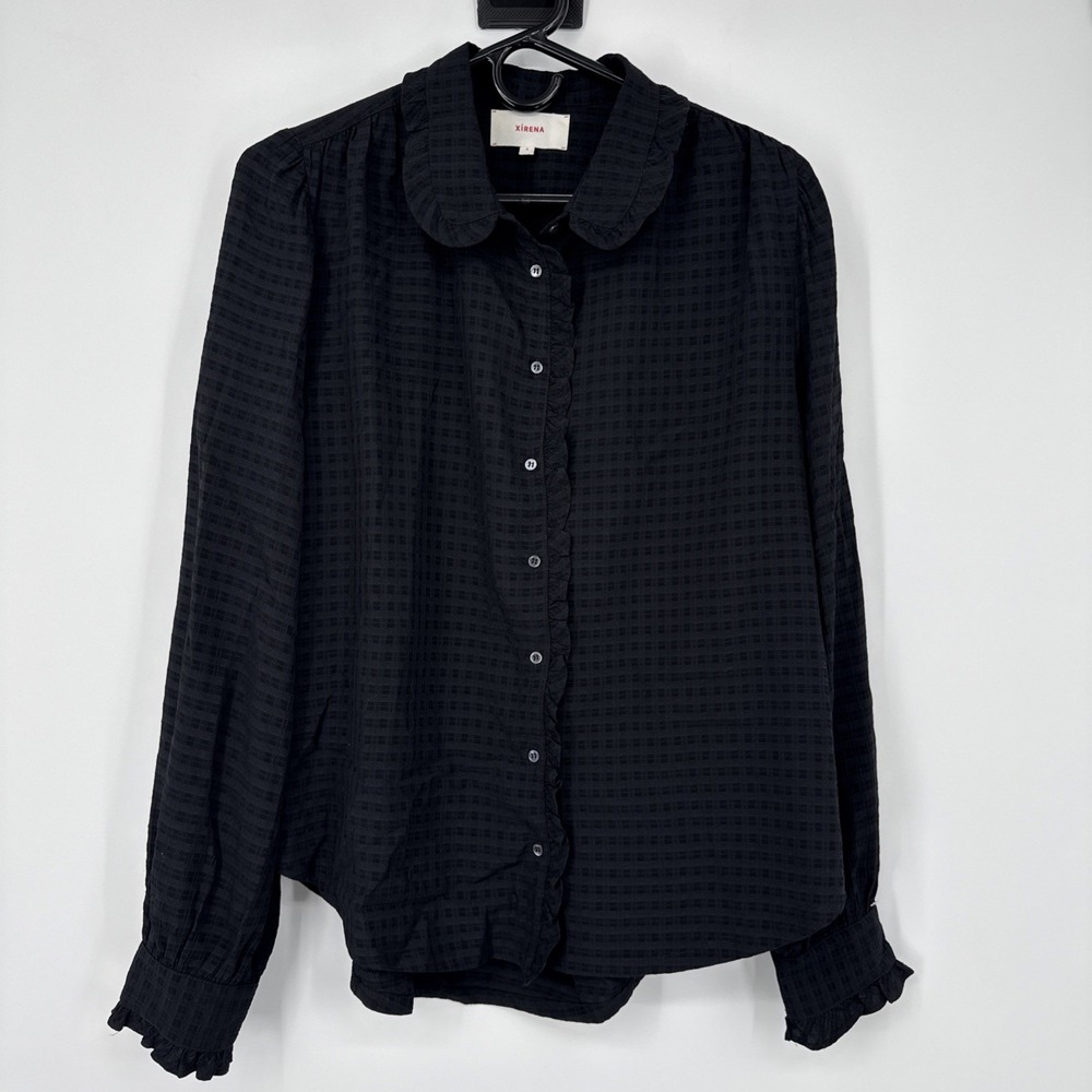 Xirena Hale Shirt Blouse Ruffle Peasant Boho Whimsigoth Gingham Check Black S
